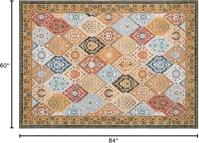 Phantoscope Washable Area Rug 5'x7' Non-Slip, Vintage Boho Rugs for Living Room, Bedroom, Dining Room, Distressed Moroccan Mosaic Diamond Pattern, Low-Pile Foldable Floor Carpet, Terracotta/Rust