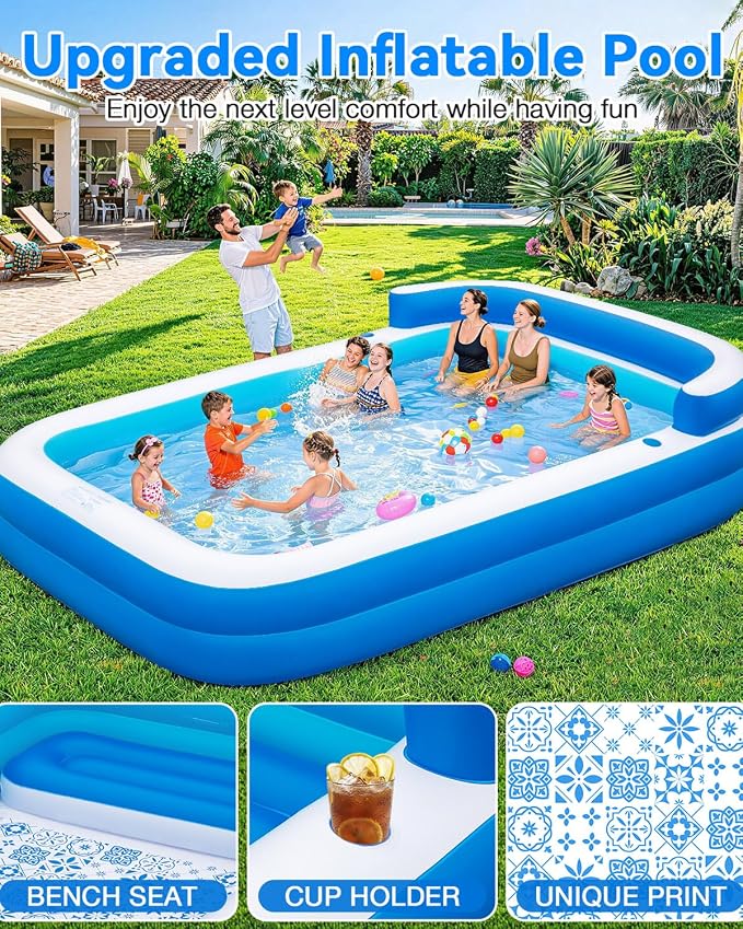 Large Inflatable Swimming Pool - 120" x 85" x 26" Blow Up Pool for Adults and Kids with Seat & Air Pump, for Backyard Lawn Indoor Outdoor Use