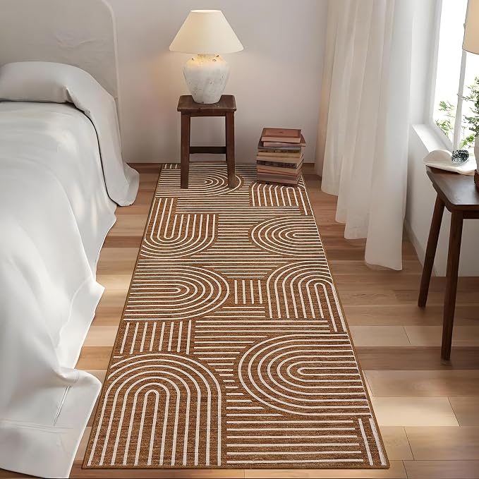 ROYHOME Modern 2.5x8 Hallway Runner Rug Non Slip Soft Kitchen Rug, Copper | Abstract Washable Mat, Rainbow Geometric Runners Rugs for Bedroom, Long Rugs for Entryway Arch Pattern Bathroom Laundry Dorm