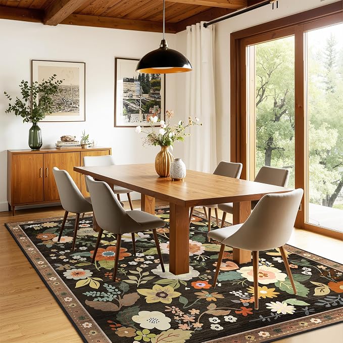 RELEANY Floral Washable 9x12 Area Rugs Black/Yellow | Flower Carpet, Print, Boho, Non-Slip, Easy to Clean, Soft, Low Pile for Living Room Bedroom Kitchen Office Entryway Hallway