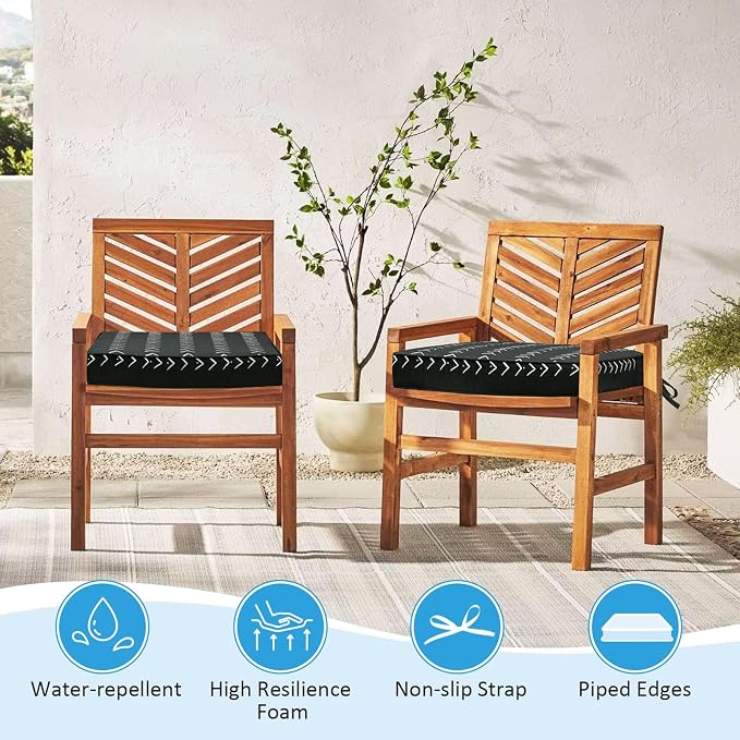 19 x 19 Inch Outdoor Chair Cushions with Tie Straps, Set of 4 Thick Water Repellent Square Patio Chair Pads for Garden Lawn Patio Furniture, Noir Trace