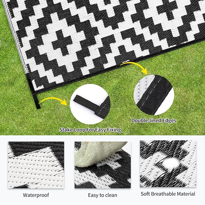 Outdoor Patio Plastic Straw Rug - 8x10 ft Outdoor Camping Rug Waterproof Reversible, Area Carpet Patios Clearance RV, Outside Porch Balcony Deck for Camper, Black & White