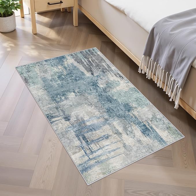 2x3 Abstract Washable Bath Mat: Blue Non Slip Small Rugs for Bathroom | Kitchen Sink - Soft Low-Pile Carpet Modern Doormat for Front of Entryway Home Decor 2x3 Blue