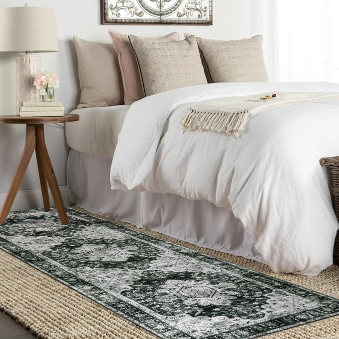 Moynesa Ultra-Thin Washable Vintage Runner Rug - 2'6"x8 Hallway Runner Non-Slip Non-Shedding Stain Resistant Kitchen Mat Boho Oriental Medallion Laundry Carpet for Entrance Bedside, Black/White