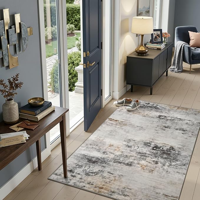 Toneed 3x5 Washable Non Slip Area Rugs for Bedroom Living Room, Grey/Brown | Abstract Soft Modern Low Pile Rug for Kitchen Hallway Office,Indoor Carpet for Kids Nursery Home Decor