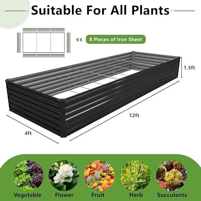 DIIYIV 12x4x1.5FT Galvanized Raised Garden Bed,Vegetable Boxes-Rectangle Metal Flower Box,Large Planter Raised Beds Outdoor Garden for Planting,Fruit,Herb-Black