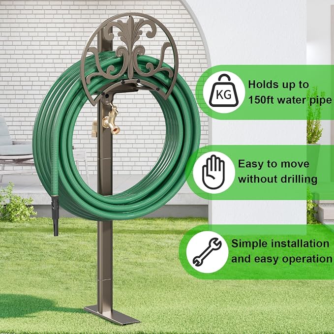 GOFORWILD Garden Hose Stand with Brass Faucet, Detachable Heavy Duty Water Hose Holder, Freestanding Metal Hose Reel Decorative Storage Hanger Holds 150-Feet Hose for Outside Patio Lawn Yard
