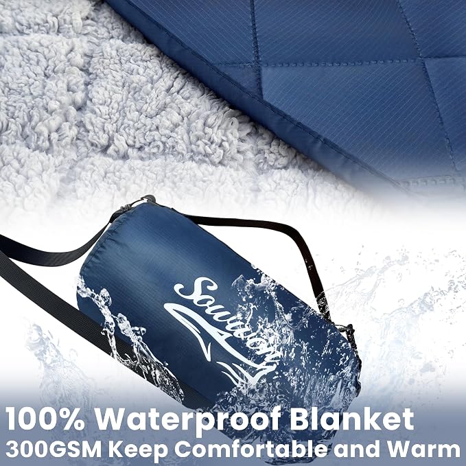 Waterproof Outdoor Blanket 92"x60" Large Sherpa Fleece 300GSM Navy | Stadium Blankets for Camping, Packable, Windproof Emergency Throw for Grass Picnic Hiking Road Trip, Machine Washable
