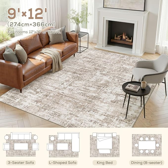 Nakagishi 9X12 Abstract Washable Area Rugs for Living Room-Brown-02 | Modern Non-Slip Silicone Backing Low Pile Soft Carpet for Bedroom Dining Decor Ideal for Families with Kids and Pets