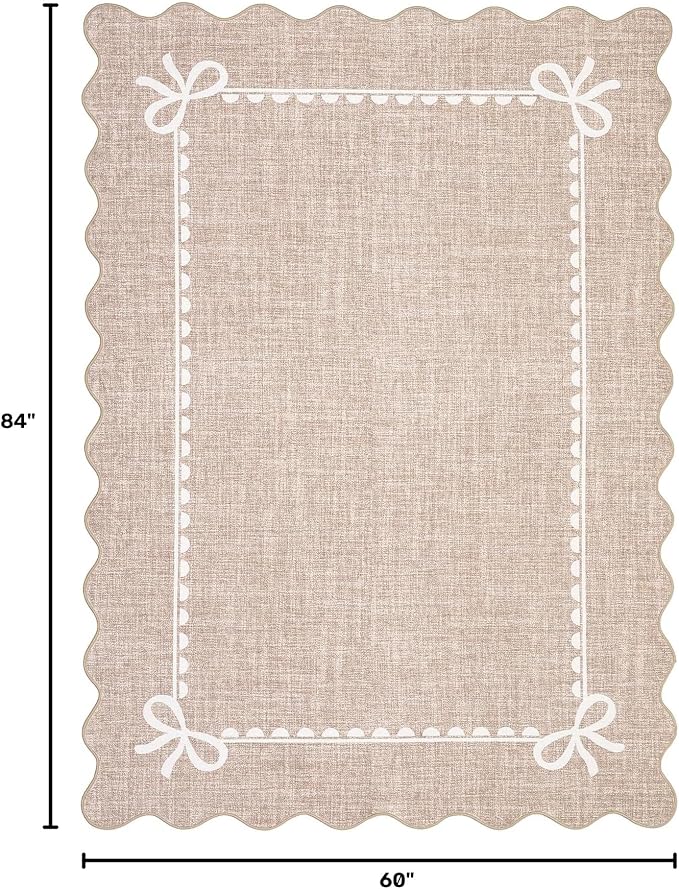 GarveeHome Scalloped Bow Rug 5x7 Washable Camel Rug for Bedroom Living Room | Non Slip Soft Low Pile Indoor Carpet for Nursery Girls Bedroom Decor Hallway Kids Room College Dorm Playroom