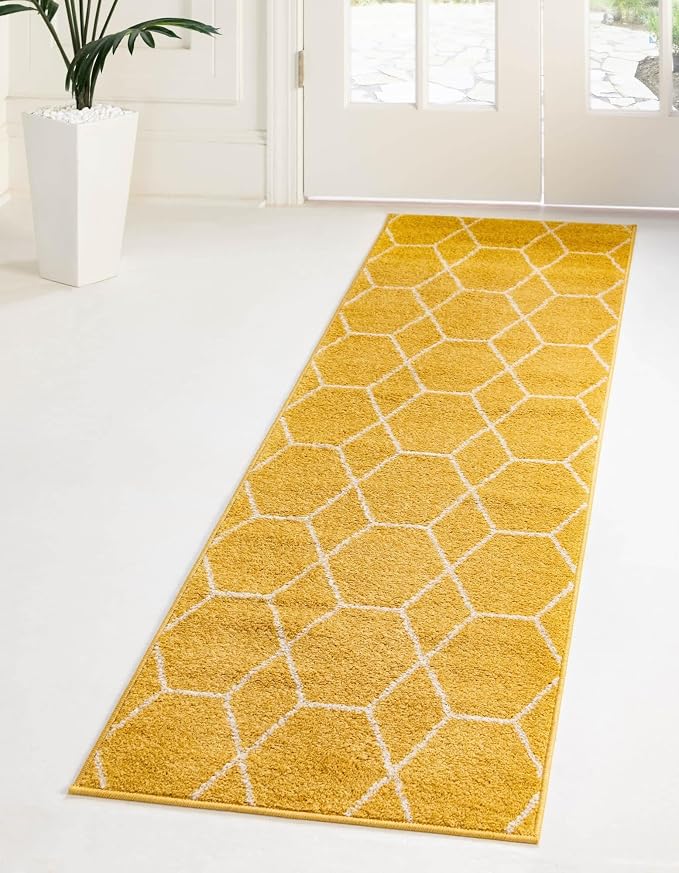 Unique Loom Trellis Frieze Collection Area Rug - Geometric (2' x 10' Runner, Yellow/ Ivory)