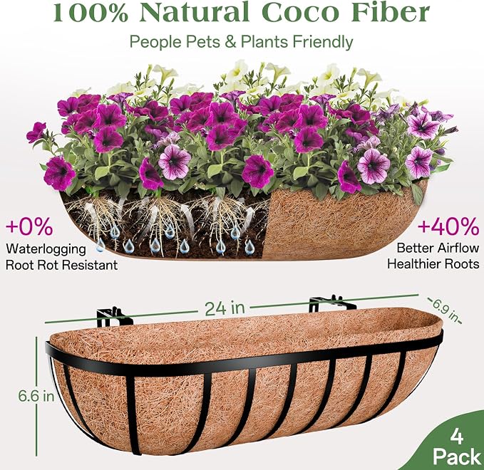 ZeeDix 4 Pack 24 Inch Railing Planter Box, Metal Window Boxes with Coco Liners for Railing, Hanging Flower Boxes for Deck Porch Balcony & Fence Outdoor Indoor Lawn