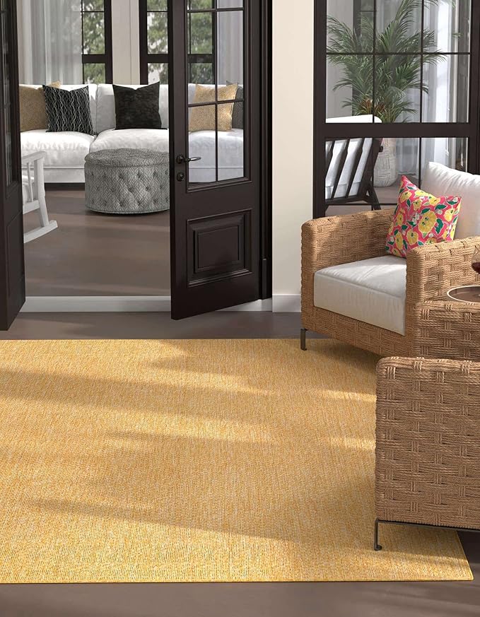 Unique Loom Collection Casual Transitional Solid Heathered Indoor/Outdoor Flatweave Area Rug (7' 10" Square, Corn Harvest Yellow)