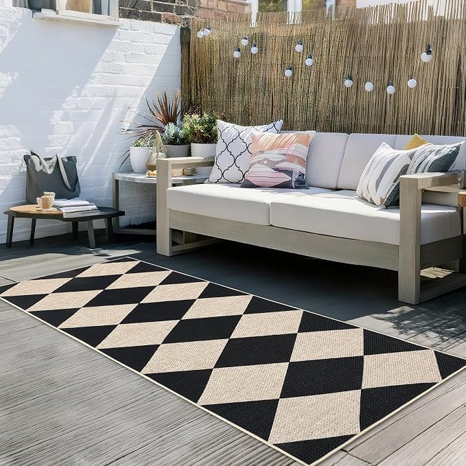 GarveeHome Easy Jute Rugs 2x8 Checkered Kitchen Runner Rugs Black | Non Skid Washable Stain Resistant Indoor Outdoor Rugs for Living Room, Bedroom, Dining, Patio - Farmhouse Style