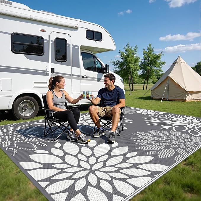 HEBE Waterproof Outdoor Rug 8x10 for Patios, Floral Reversible Plastic Straw Rug Patio Mat, Indoor Outdoor Carpet RV Mat Camping Rug for Deck, Camper, Porch, Balcony, Backyard, Picnic
