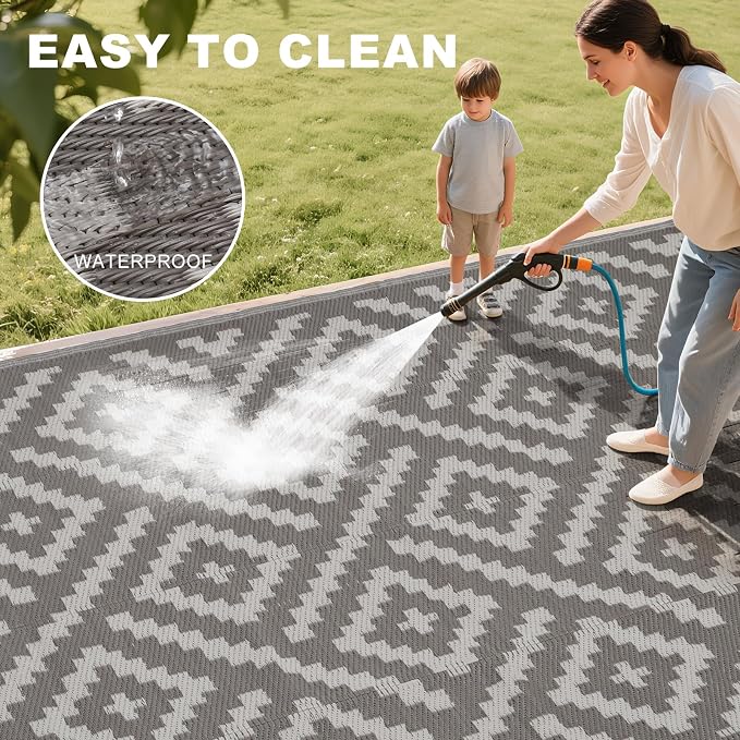 RURALITY Outdoor Rugs 9x12 Feet for Patios Clearance,Plastic Straw Waterproof Mats for RV,Backyard,Porch,Deck,Balcony,Coffee&Beige