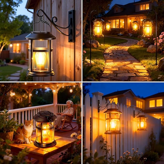 GARPAR Solar Lanterns Outdoor Waterproof, Hanging Solar Lights with Hook | Wall Mount Kit, Brighter LED, 1000mAh Battery, Bigger Solar Panel, Auto On/Off, for Garden, Yard, Patio, Porch Decor