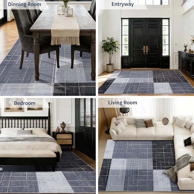Washable Abstract Modern 6x9 Area Rugs for Living Room,Contemporary Geometric Rug for Bedroom Non Slip with Gold Striped, Blue and Grey White Checkered Carpet