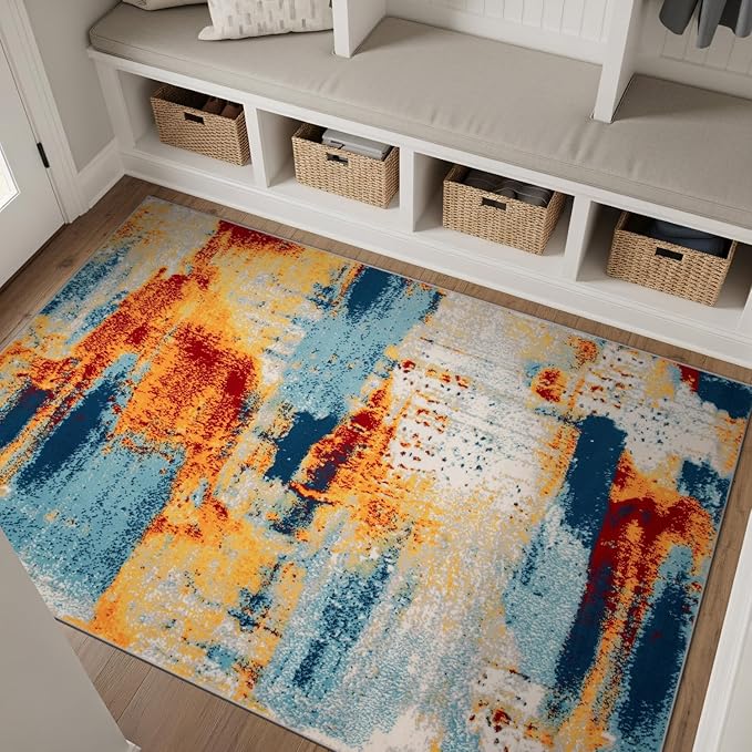 Rugshop Abstract Jute Backing Living Room Office Area Rug Multi 3'3" x 5' | Rectangular, Size 3'3" x 5', Bedroom, Dining Room, Home Office, Kitchen, Entryway, Hallway, Nursery, Kids Room, Guest Room