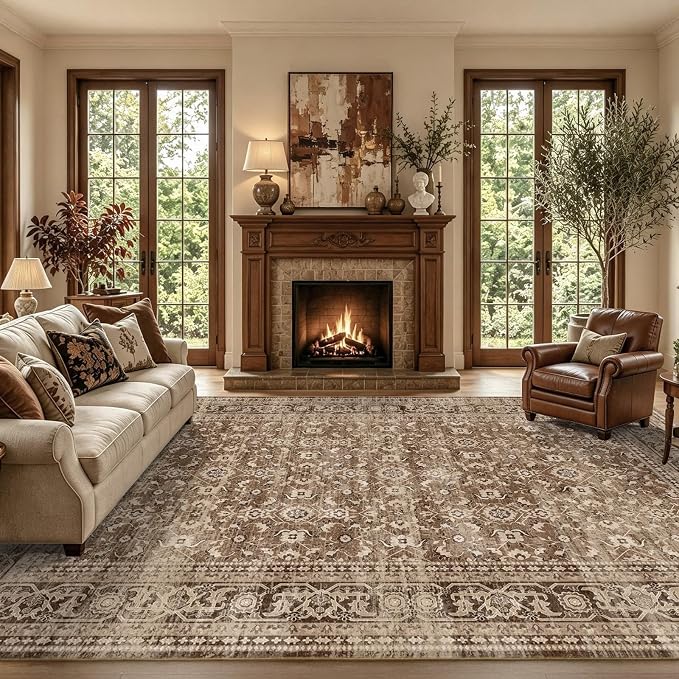4x6 Ft Area Rugs for Living Room, Soft Non-Slip Machine Washable Rug, Vintage Stain Resistant Carpets for Bedroom Nursery Dining Room Home Decor (Brown)