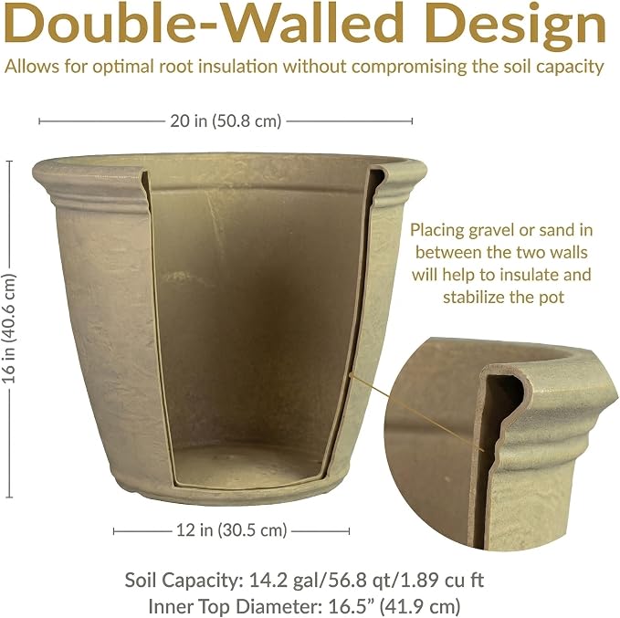 Sunnydaze 20-Inch Anjelica Large Plastic Pot for Plants - Outdoor Double-Walled Large Plastic Planter with Drillable Drainage Holes - Beige - 4pk
