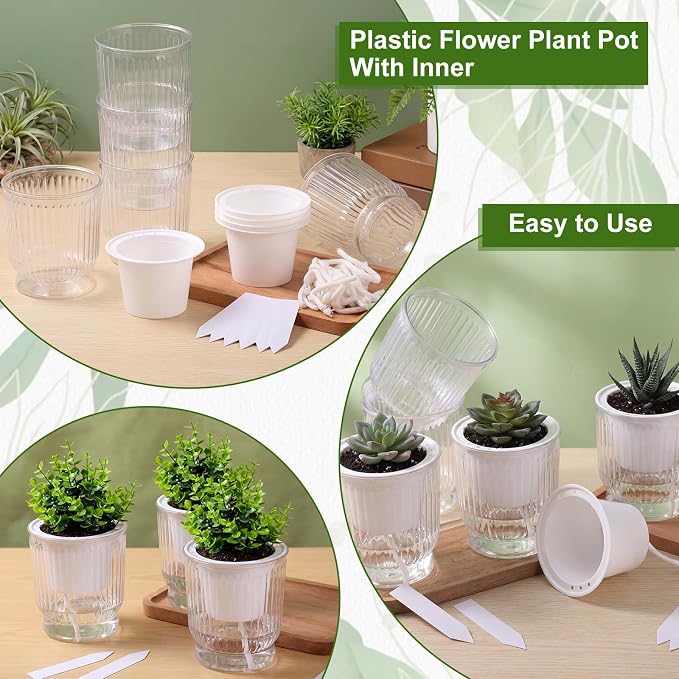 20 Sets 4 Inch Self Watering Pots Bulk Small Plant Pots with Inner Reservoir, Clear Self Watering Wick Planter Plastic Plant Labels for Indoor Succulents Herbs Flowers Pothos