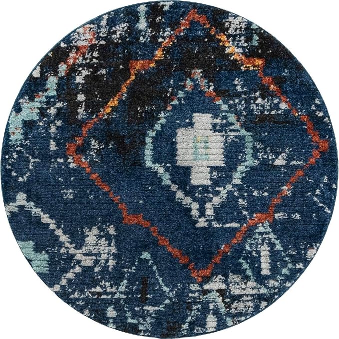 Unique Loom Morocco Collection Tribal, Southwestern, Bohemian Area Rug (4' 0 x 4' 0 Round, Navy Blue/Gray)