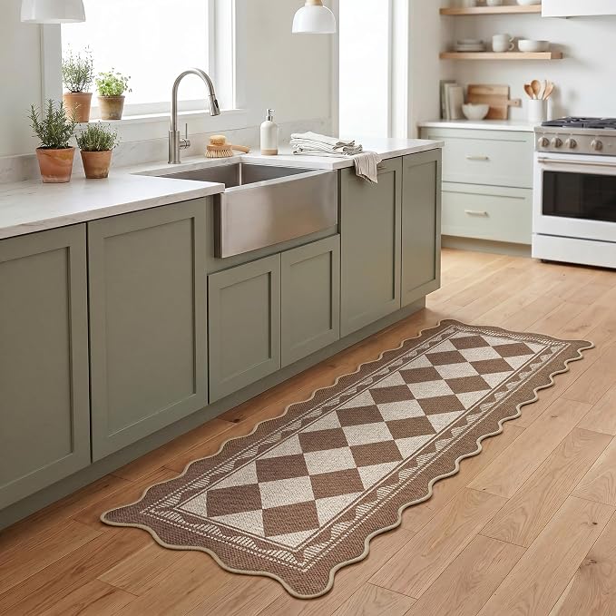 Garvee Easy Jute 2x6 Scalloped Kitchen Rugs Non Slip Washable Rugs，Brown | Indoor Outdoor Washable Rugs for Living Room Low Pile Floor Cover for Entryway Stain Resistant Indoor Carpet for Hallway