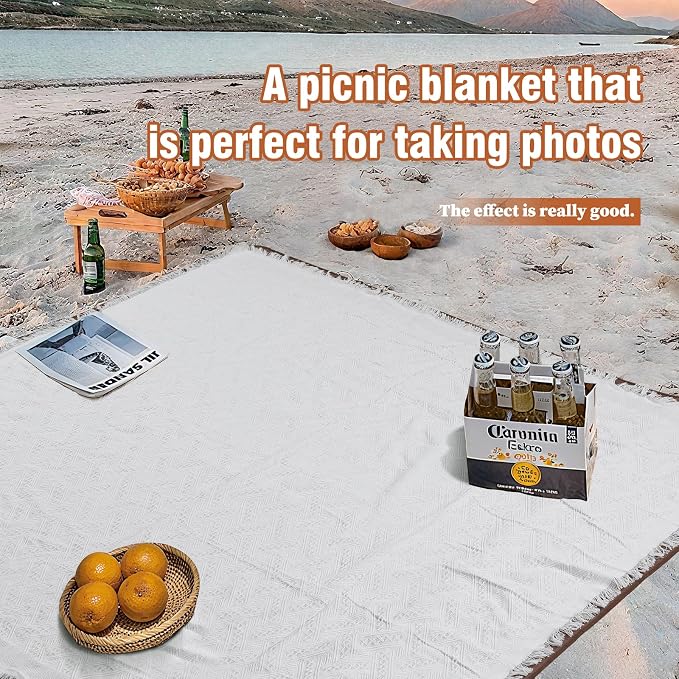 2-in-1 White Picnic Blanket, Extra-Large Waterproof Picnic Mat,Outdoor Blanket for Camping, Beach, Park,Portable Double-Layer Design (71"x71",T-Grid)