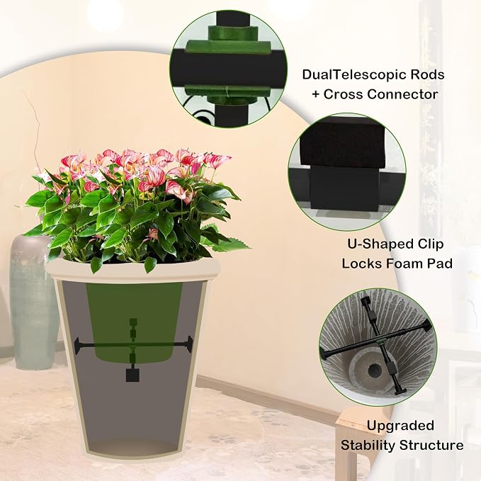Adjustable Planter Inserts with Dual Telescopic Rods & Cross Connector, Upgraded Adjustable Plant Stand Insert with U-Shaped Clips, Heavy-Duty Plant Lifters for Inside Pots (4 Set, Black)
