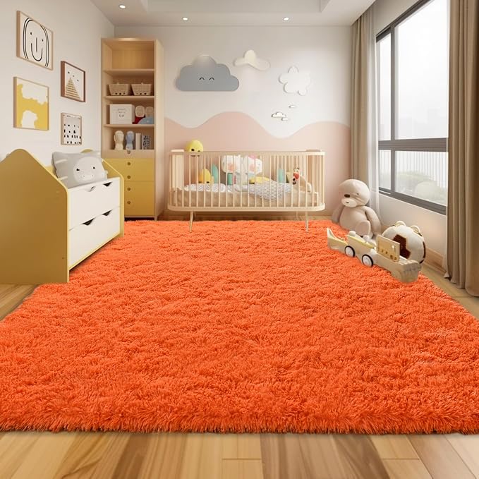 10x14 Large Area Rugs for Living Room, Fluffy Washable Orange | Upgrade Non-slip, 10 x 14 Big Shag Rug for Girls Bedroom Kids Nursery, Modern Shaggy Furry Carpet for Dorm, Flame Resistant