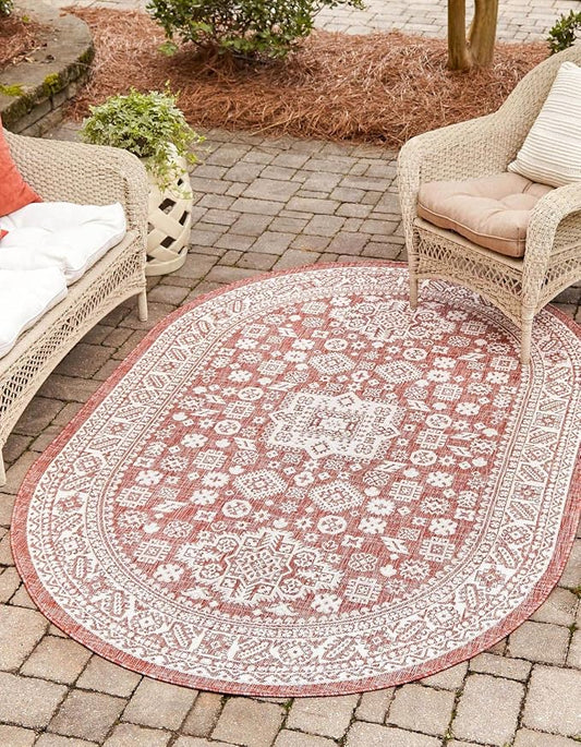 Unique Loom Outdoor Aztec Collection Area Rug - Chalca (7' 10" x 10' Oval, Rust Red/ Ivory)