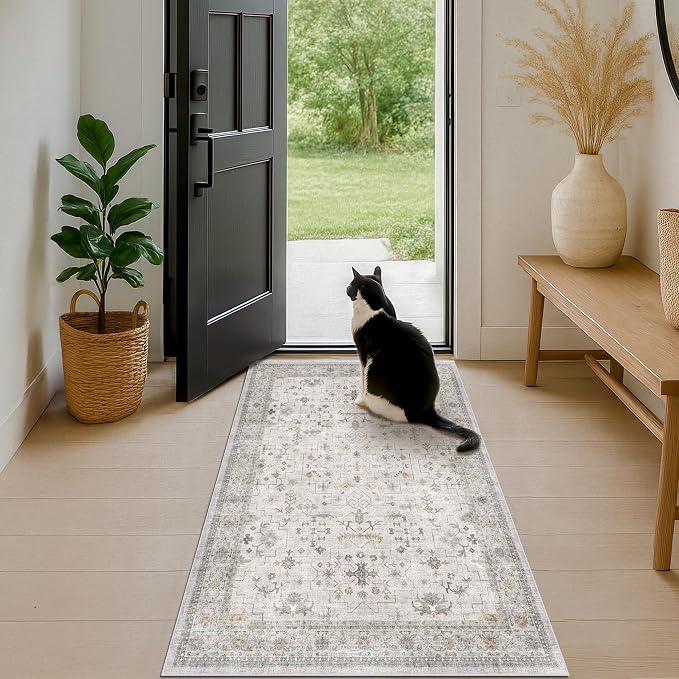 Boho 3x6 Large Bathroom Rug - Washable Floral Area Rug for Entryway, Bedroom Beside Bed, Modern Vintage Low Pile Kitchen Carpet, Neutral Light Gray & Sage Décor