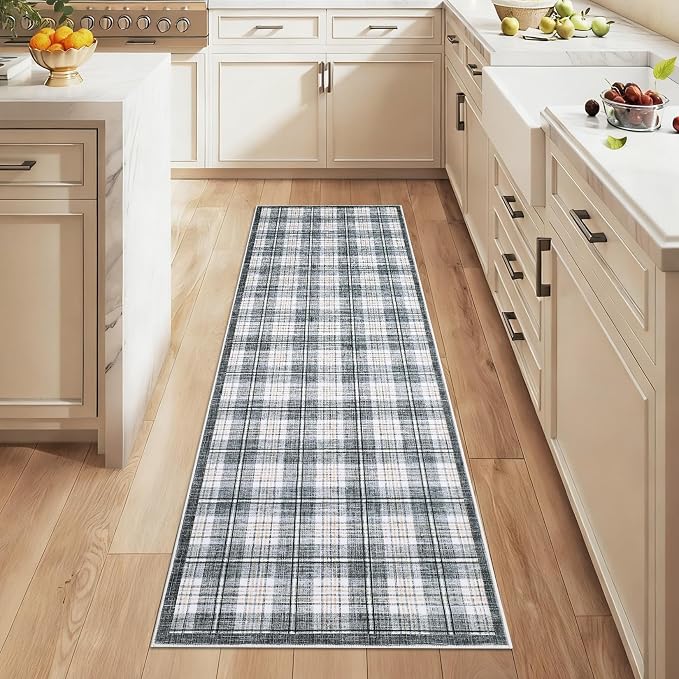 GarveeHome Checkered 2x6 Runner Rug, Machine Washable Stain Resistant Rug with Non Slip Backing, Carpet with Low-Pile for Hallways Kitchen Entryway Bedroom Living Room Grey