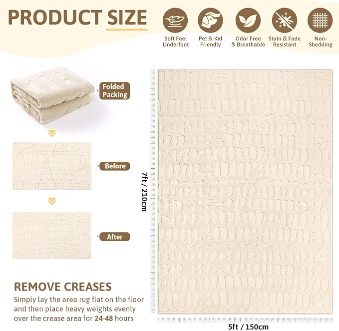 Yamaziot Washable 5x7 Area Rugs for Living Room Textured Non Slip Rug Beige | Modern High-Low Geometric Pattern, Soft Fluffy, Neutral, Minimalist Floor Carpet for Bedroom Dining Room Nursery Kids Room
