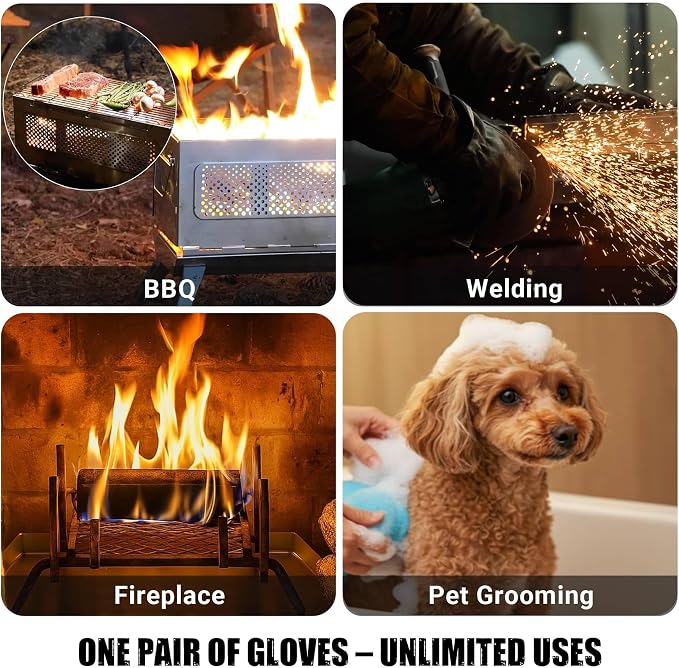 16-Inch Leather Firewood Gloves - Double Layer Full Lining with Fireproof Thread Stitching - for Smokeless Fire Pit Outdoor Cooking, Welding, Bite & Scratch Proof Against Pets - Black, G0301
