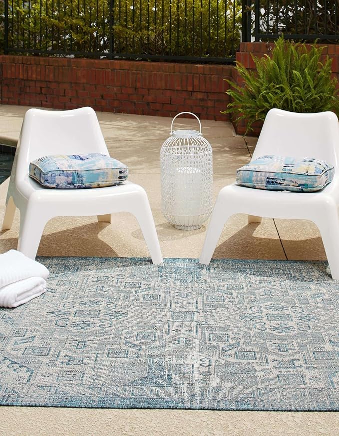 Unique Loom Outdoor Aztec Collection Area Rug - Coba (7' 10" Square, Teal/ Ivory)