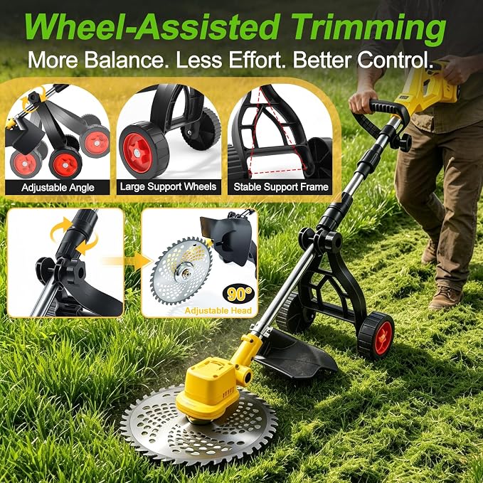 2026 New 30000 RPM Brushless Cordless Weed Wacker with Wheels, 12-Inch Battery Powered Electric Weed Eater, 4-in-1 Grass Trimmer, Brush Cutter, Stringless Weed Trimmer & Lawn Edger (1, Yellow)