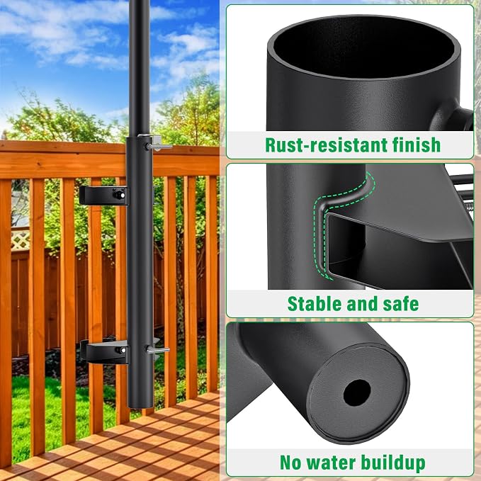 Heavy Duty Deck Railing Umbrella Holder, Adjustable Patio Umbrella Stand for 1-2 Inch Poles, Secure & Sturdy Railing Mount with Locking Pin, Maximizes Deck Space