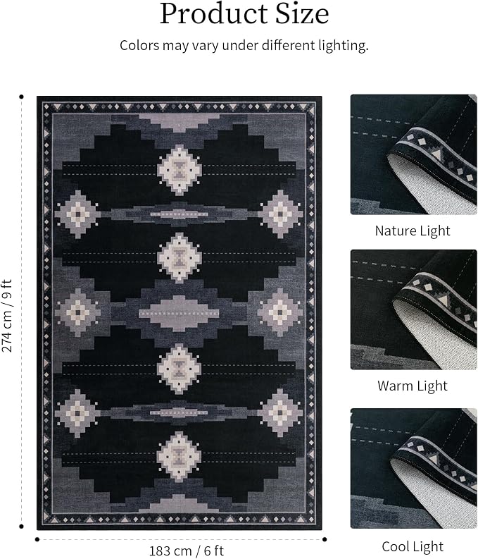 6'x9' Washable Area Rug for Living Room, Black and Grey Western Aztec Rug | Soft, Non-Slip, Low Pile, Tribal Geometric Design, for Boy Bedroom Dining Room Playroom, Stain Resistant