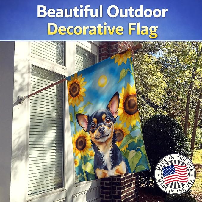 Caroline's Treasures DAC6052CHF Chihuahua in Sunflowers House Flag Large Porch Sleeve Pole Decorative Outside Yard Banner Artwork Wall Hanging, Polyester, House Size, Multicolor