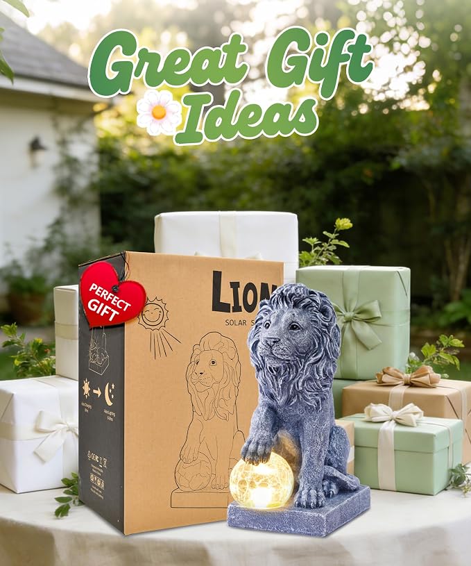 Guardian Lion Outdoor Statues for Garden with Solar Ball (Grey) | 9.45in IP65 Waterproof,Outside Decor, Yard Art Lawn Ornaments, Porch Patio Balcony Home House, Gifts for Mom Grandma Women
