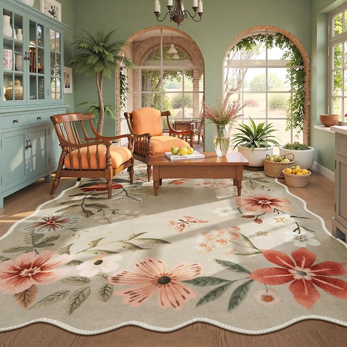 Lahome Floral Washable Rugs 8x10, Non-Slip Soft Bedroom Rug Stain Resistant | Ultra-Thin 8x10 Rugs for Living Room Boho Rug Accent Carpet for Dining Room Office Flore (8x10ft, Brown)