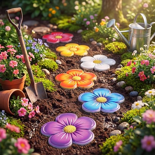 Landical 6 Pack Decorative Stepping Stones for Garden 10 Inch Cement Flower Stepping Stones Decoration for Patio Walkway Yard Outdoor(Classical)