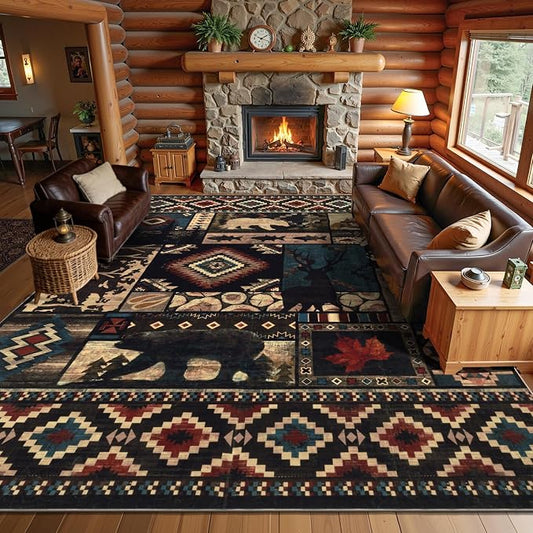 LOKHOM 8x10 Rustic Bear Area Rug, Washable Southwestern Lodge Cabin Rug | Bear Pattern, Non-Slip, Low Pile, Soft Vintage Wildlife Accent Floor Carpet, For Living Room Bedroom Dining Room Nursery
