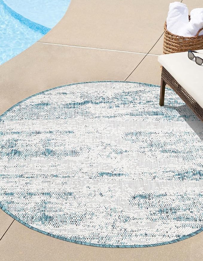 Unique Loom Outdoor Modern Collection Area Rug - Cartago (4' 1" Round, Teal/ Ivory)