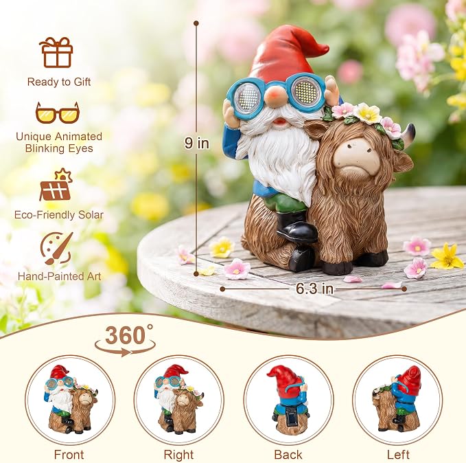 C&Y&G&X Solar Garden Gnome Statue with Highland Cow, Outdoor Solar Garden Decor with LED Lights, Waterproof Resin Yard Art Lawn Ornament for Patio Yard Porch, Gifts for Women Garden Lovers