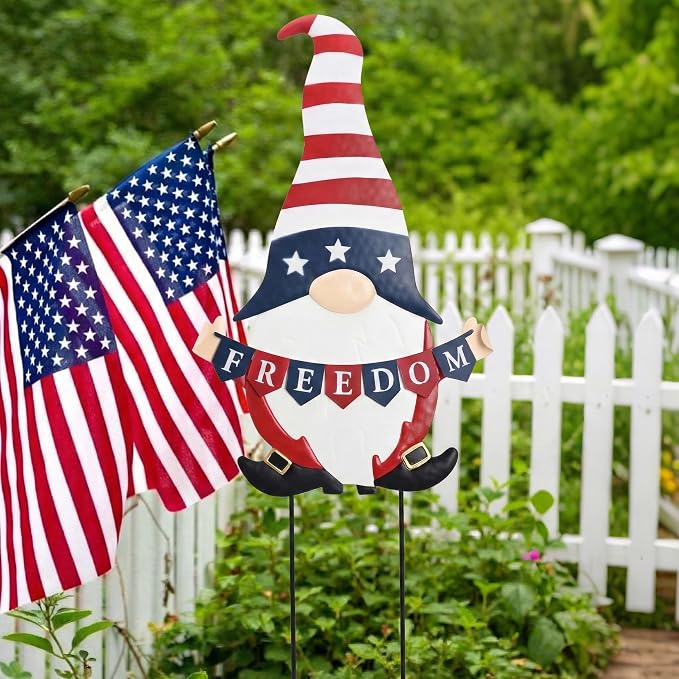 TERESA'S COLLECTIONS 4th of July Decorations, Patriotic Decorations for Memorial Day, 250th Independence Anniversary Metal Gnome Yard Art Stake, Freedom Outdoor Garden Lawn Patio Decor, 27''