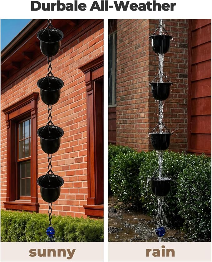 9.5FT Black Barrel-Shaped Rain Chain Durable Downspout Replacement | Rust-Resistant Metal Build, Bucket-Style Rain Water Catcher, Replaces Gutter Downspouts, Durable Outdoor Garden Yard Decor