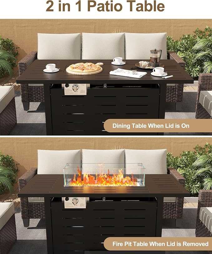 Hipicute 44" Outdoor Propane Fire Pit Table, 48,000 Btu Lp Gas Rectangular Fire Table with Ignition Systems and Lid,Outdoor Firetable with Glass Rocks for Patio Deck Garden Backyard